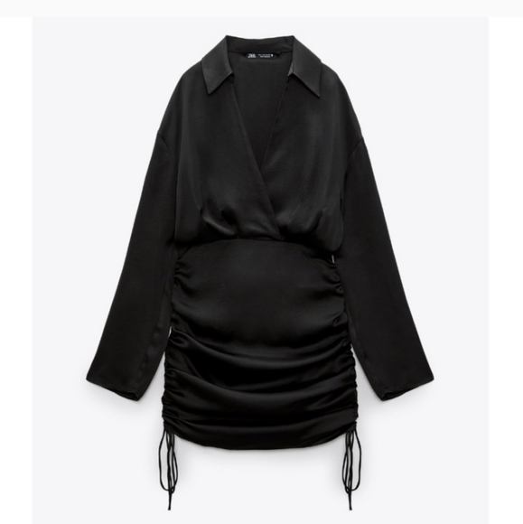 ZARA * SHORT SATIN EFFECT RUCHED DRAWSTRING DRESS Black - Picture 7 of 7